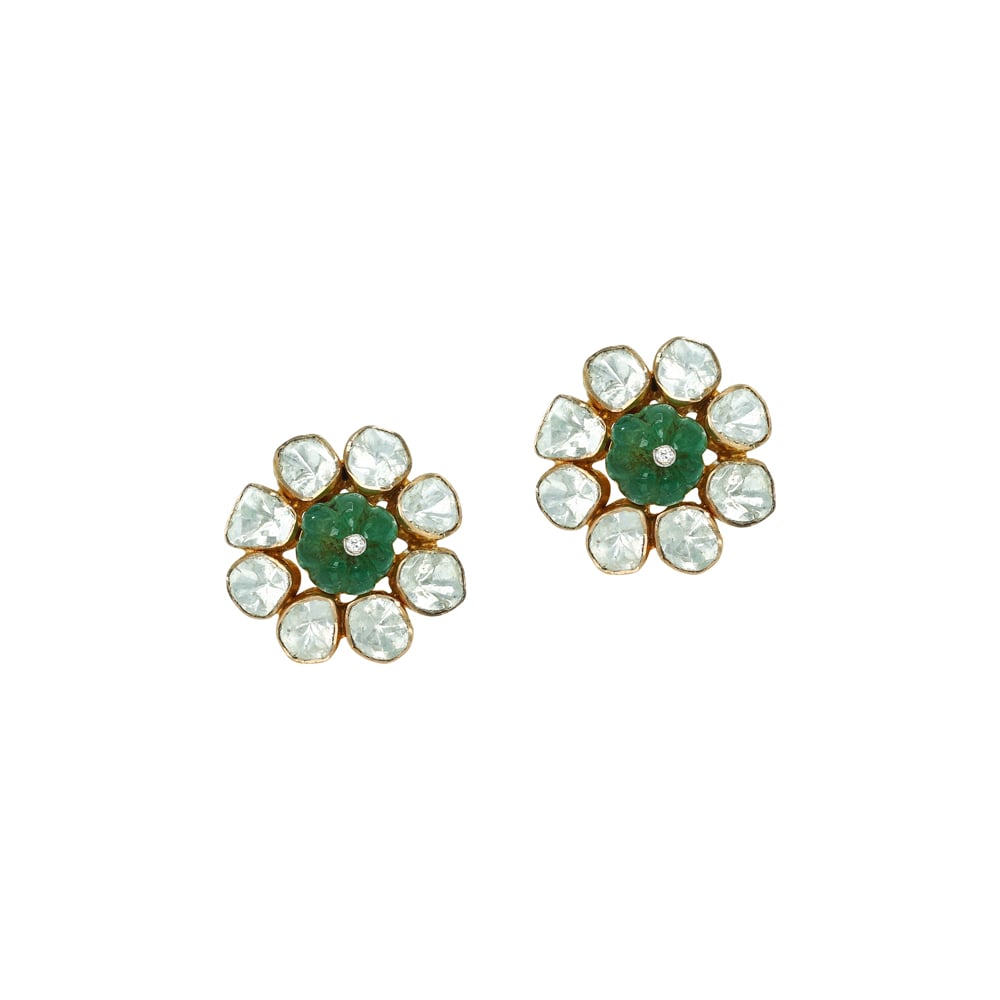 Polki Stud Earrings with Carved Emeralds